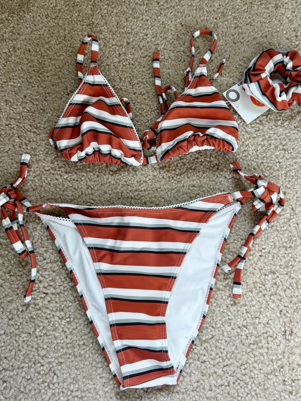 Wilo The String Bikini w/ Scrunchie - NWT - Rust Stripe - XS